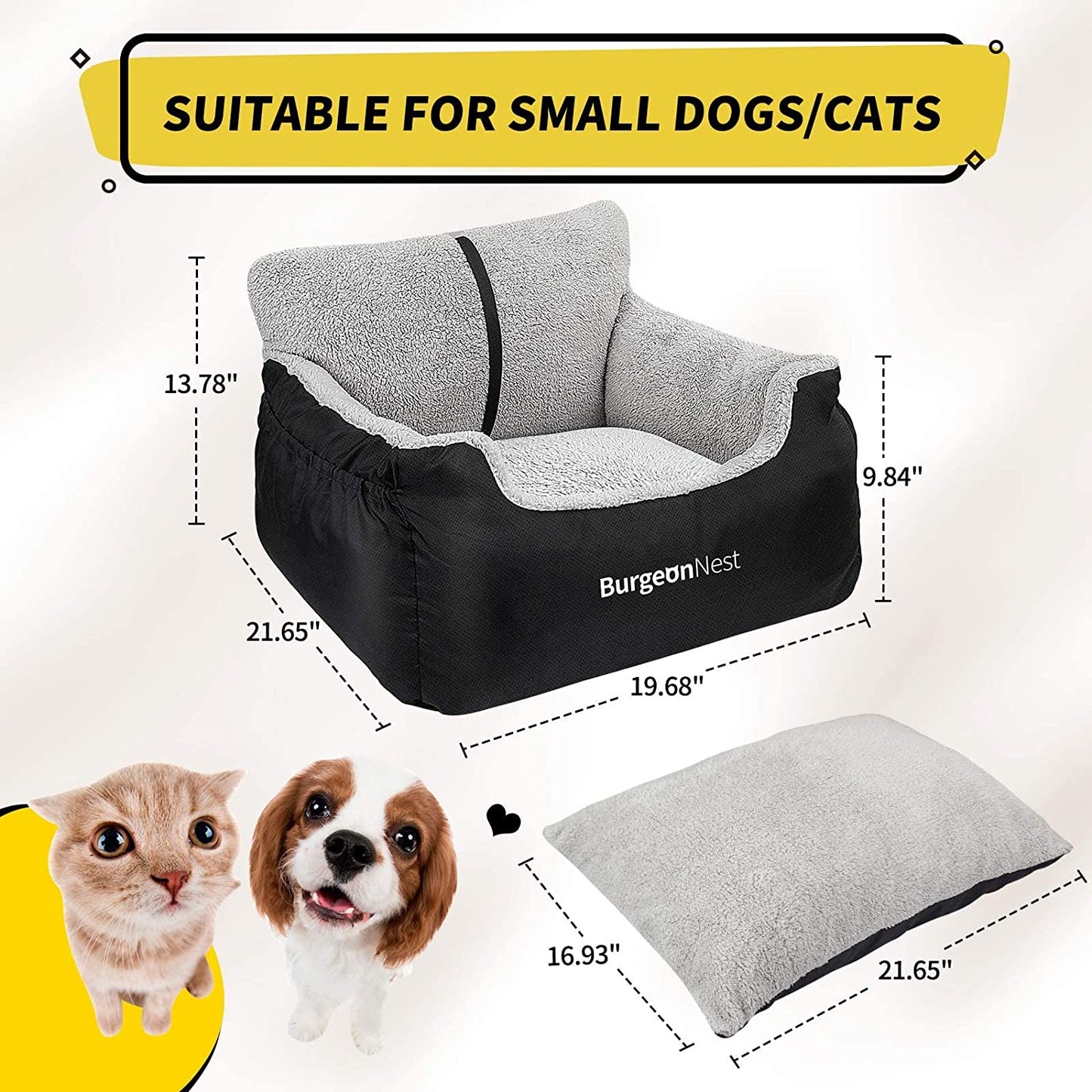 Burgeonnest Dog Car Seat for Small Dogs, Fully Detachable and Washable Dog Carseats Small under 25, Soft Dog Booster Seats with Storage Pockets and Clip-On Leash Portable Dog Car Travel Carrier Bed