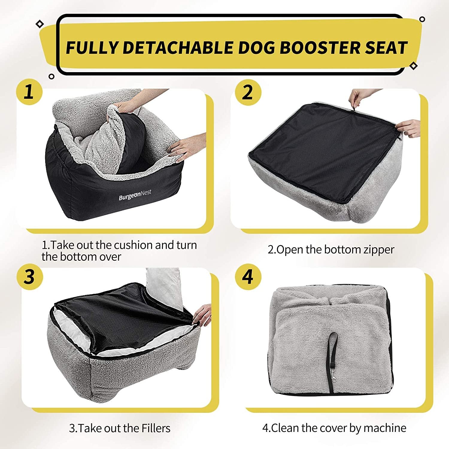 Burgeonnest Dog Car Seat for Small Dogs, Fully Detachable and Washable Dog Carseats Small under 25, Soft Dog Booster Seats with Storage Pockets and Clip-On Leash Portable Dog Car Travel Carrier Bed